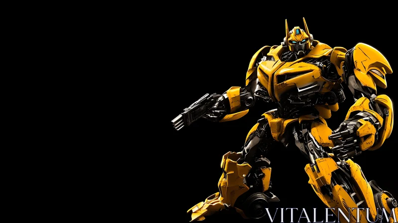 Armored yellow combat robot stands ready in stark darkness