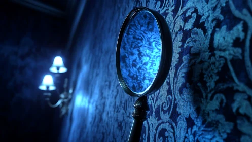 Moonlit mirror against dreamy blue damask wall.