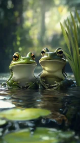 Two green frogs rest beside pond reeds in soft forest light