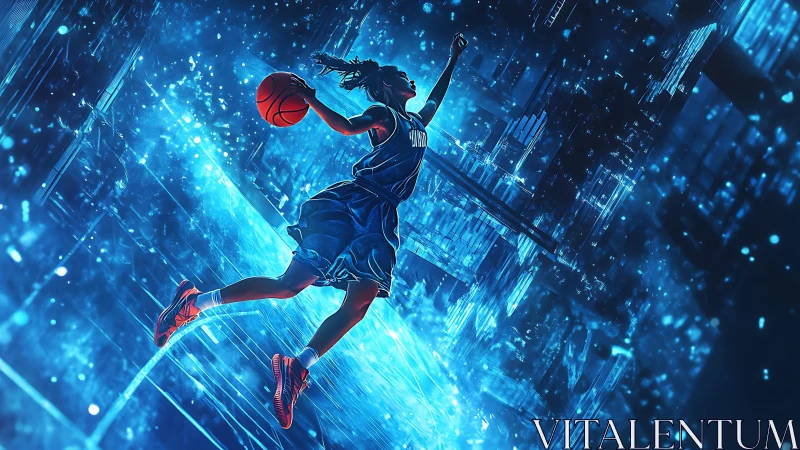 Kinetic cybercourt leap with luminous urban data shards.