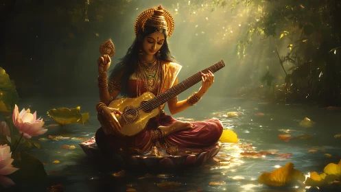 Golden goddess of music rests on a lotus in glowing waters