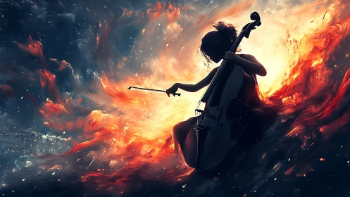 Fiery cello silhouette ignites swirling cosmic stormscape.