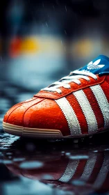 Macro close-up of wet red sneaker showing surface tension droplets