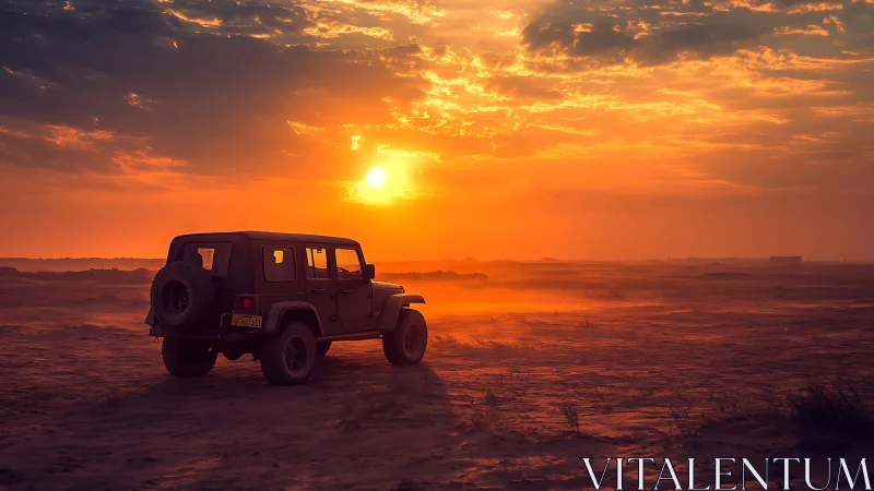Off-road SUV cuts through blazing desert sunset haze.