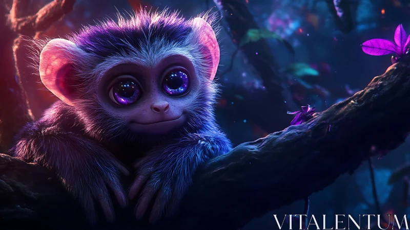 Bioluminescent baby monkey with huge eyes in neon forest.