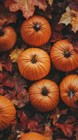 Top-down composition of small orange pumpkins on autumn leaves