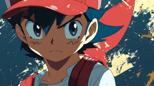 Anime boy in red cap stares forward with intense focus