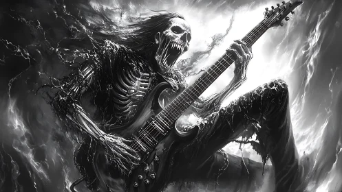 Skeletal electric guitarist in monochrome infernal environment.