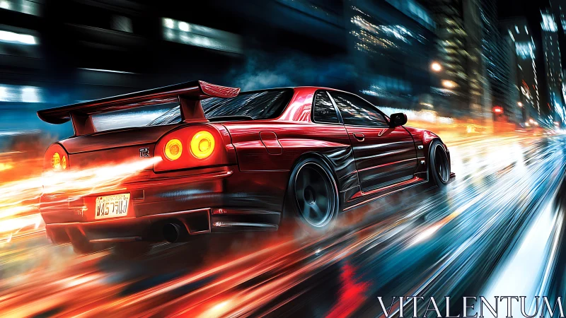 Midnight red street racer cutting through neon rainstorm.