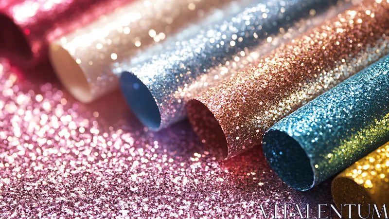 Glittering paper rolls in soft-focus rainbow studio light.