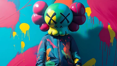 Cartoon figure in hooded jacket before neon paint wall.