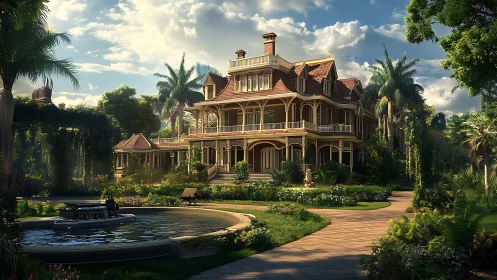 Victorian mansion glows within lush sunlit tropical garden