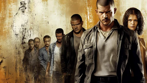 Gritty urban crew walking forward through golden grit.