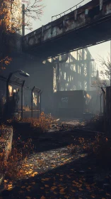 Decayed industrial overpass above autumn-lit derelict alleyway