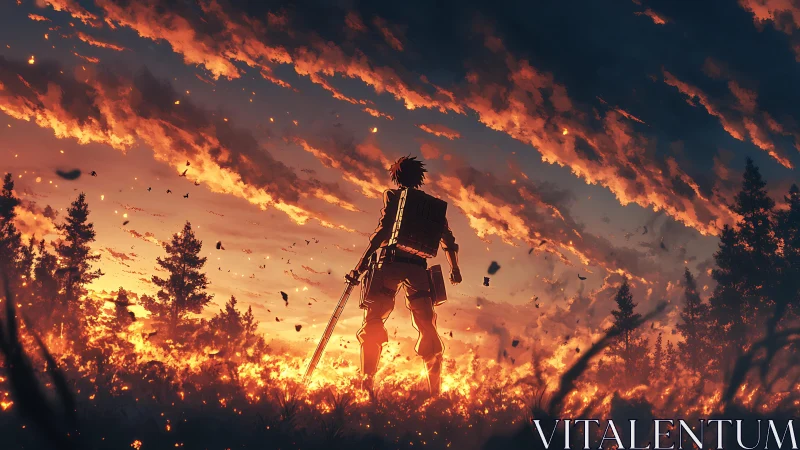 Solitary swordsman stands against burning horizon at dusk