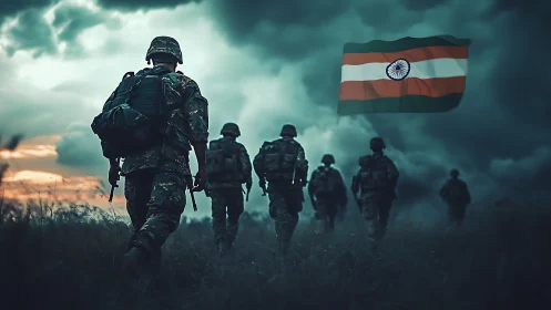 Indian soldiers advance under stormy sky and flag.