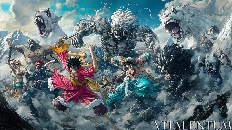 Dynamic anime battle tableau with colossal bestial adversaries.