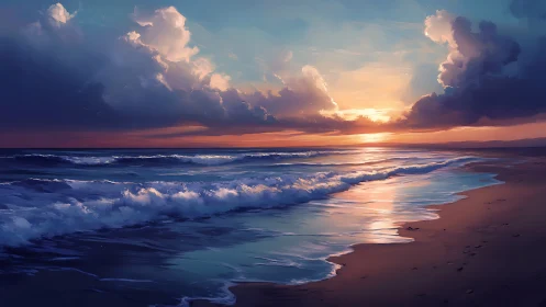 Gentle waves and glowing clouds along a quiet sunset shore.