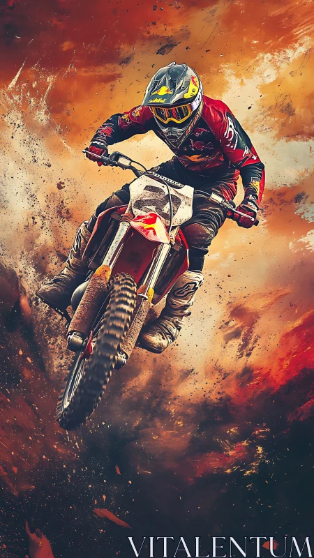 Motocross rider captured mid-jump in dynamic digital treatment