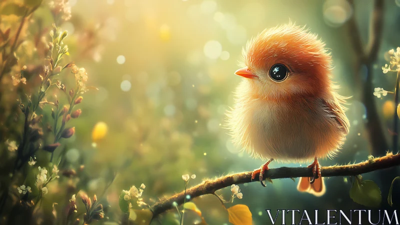Adorable Fluffy Bird on Branch in Glowing Dreamlike Forest Scene.