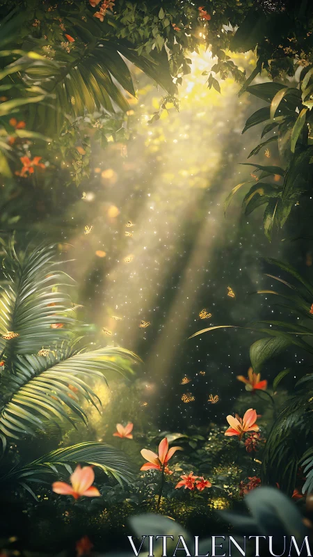 Volumetric sunbeams illuminating butterflies in dense jungle.