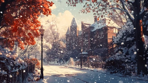 Snow covered residential street with brick houses in winter.
