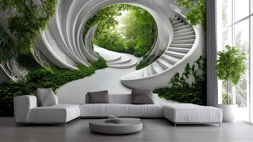 Curved garden staircase embracing a calm modern lounge.