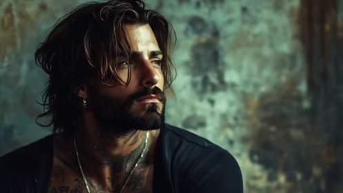 Bearded tattooed man gazes sideways against textured wall