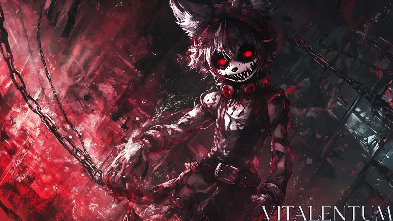 Demonic chain-wielding kemonomimi in crimson chaos.