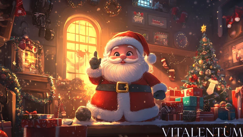 Festive Santa character in glowing workshop interior lighting.