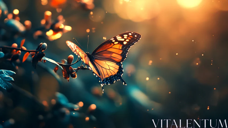 Gentle butterfly glowing in golden evening garden light.