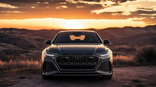 Sunset-backed sports sedan stands poised like asphalt thunder