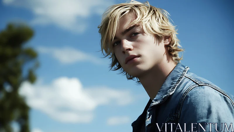 Brooding blonde youth under open blue sky in denim jacket.