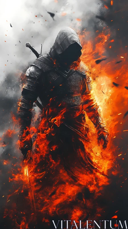 Hooded fire warrior emerging from swirling embers and smoke.