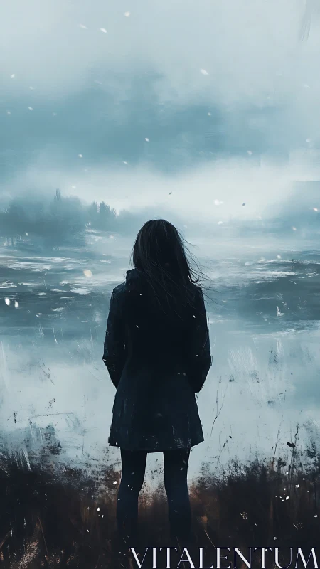 Solitary figure facing stormy winter landscape in blue tones.