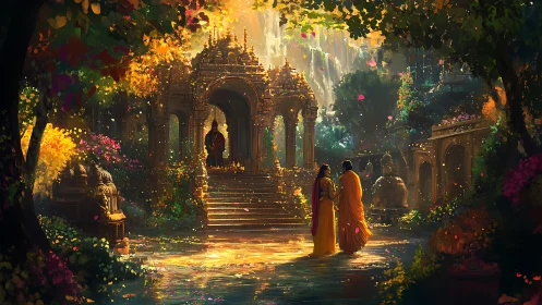 Sunlit temple garden with robed figures in golden haze.