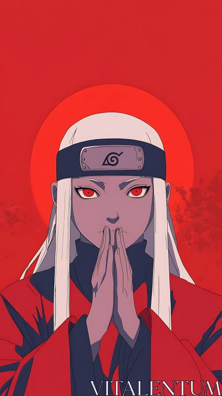 Crimson ninja portrait with focused hand seal gesture.