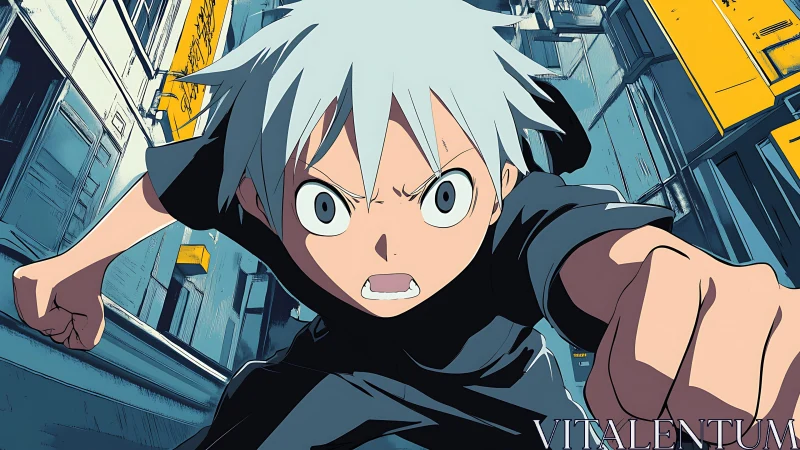 White-haired anime runner in dynamic urban chase perspective.