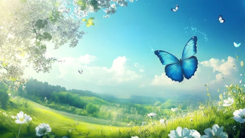 Majestic Blue Butterfly in Dreamy Spring Meadow Landscape Art.