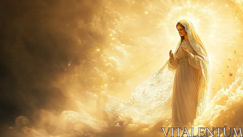 Radiant holy figure walks through luminous golden clouds.