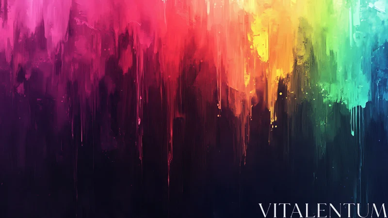 Radiant rainbow paint drips cascade over a dark canvas