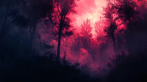Digital forest scene shows strong magenta backlighting in haze