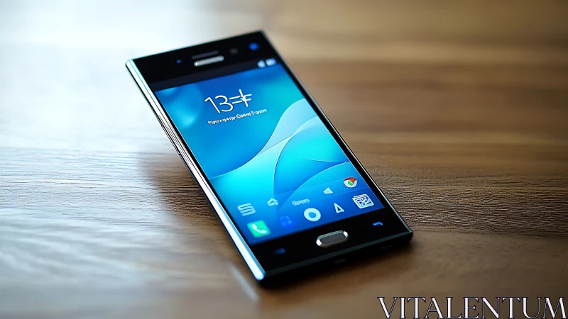 Smartphone with Blue Interface Display on Wooden Surface.