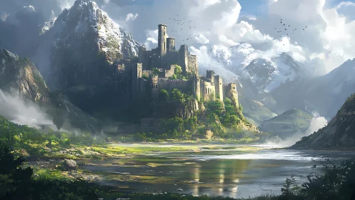 Mountain fortress castle dominates misty valley with reflective lake