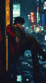 Brooding loner in neon city alley under late night rain.
