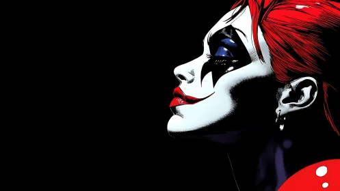 Side profile shows stylized female clown face in shadow