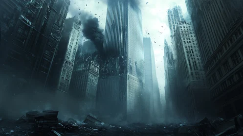 Post-apocalyptic financial district rendered in cold cyan haze