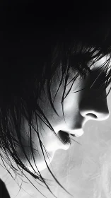 Monochrome side profile of wet haired person in shadow.