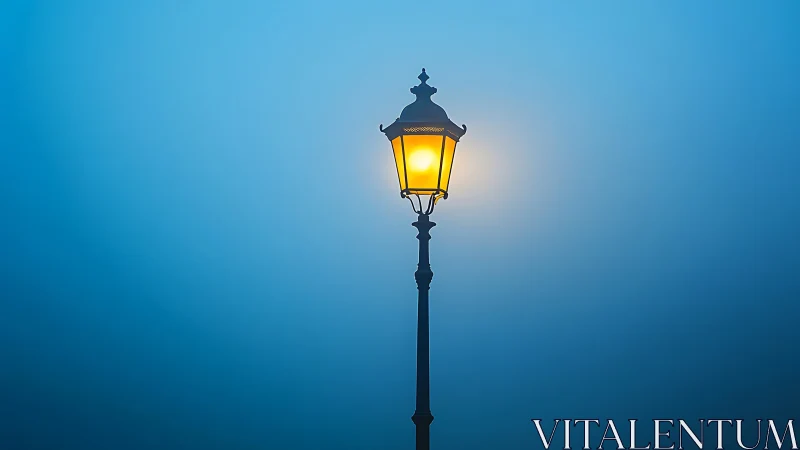 Single streetlamp glows softly in tranquil blue fog.