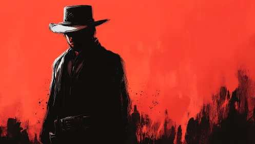Silhouetted cowboy stands against flat red painted backdrop